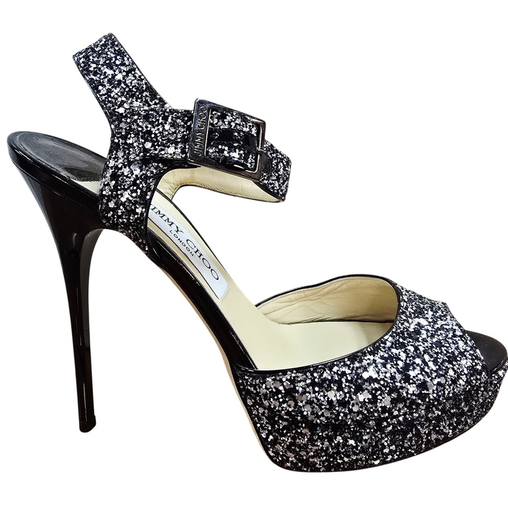 Jimmy Choo Linda Silver Glitter Platform Sandals Peep Toe Heels Size 40